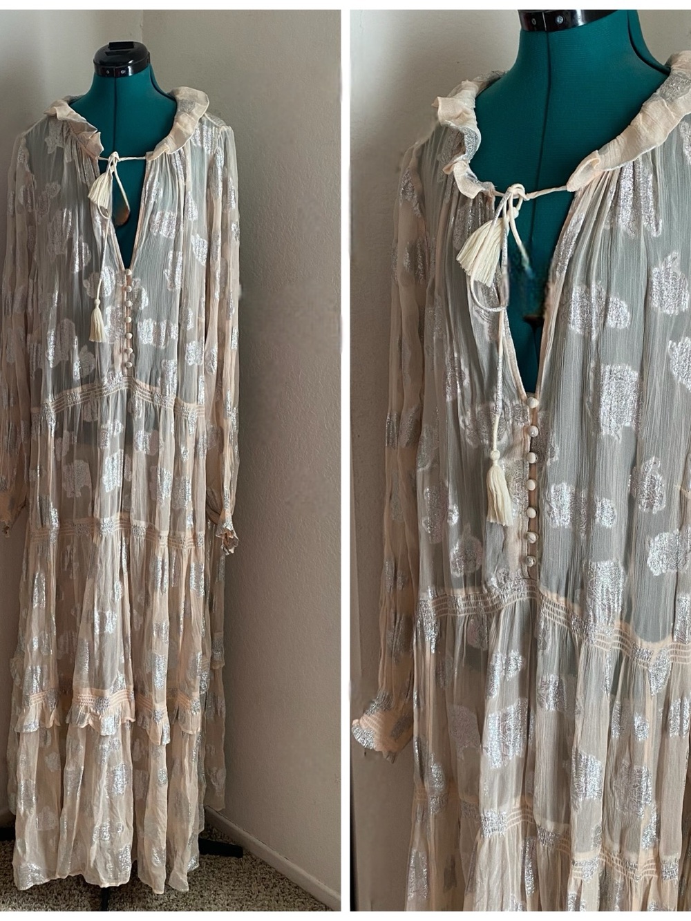 Anthropologie Cream and Silver Tassel Tie Long Metallic Dot Maxi Dress 3X